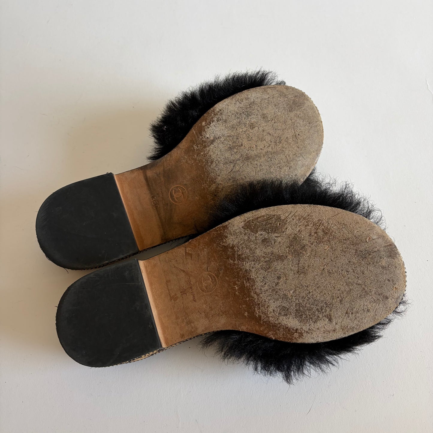 CHANEL SHEARLING FUR SANDALS CC LOGO
