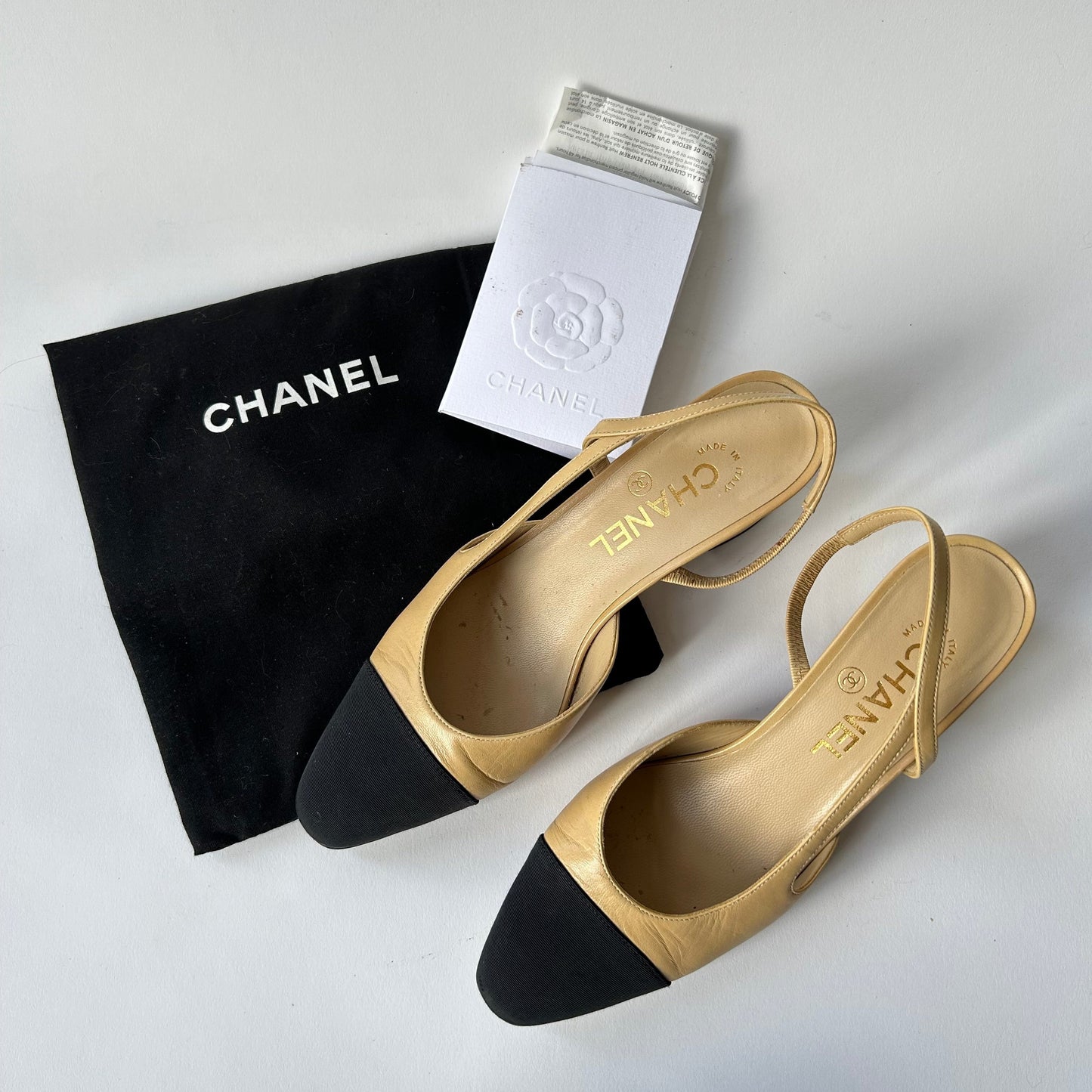 CHANEL SLINGBACK BEIGE LEATHER CAP TOE HEELS SIZE 37