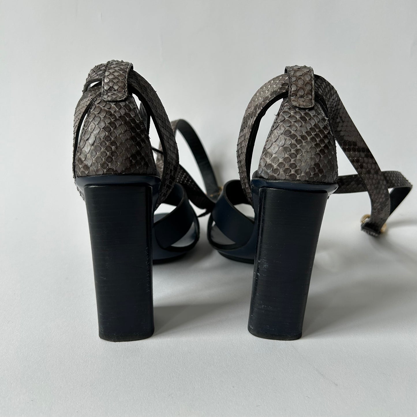 GUCCI BLUE CANDY STACKED PYTHON STACKED HEEL SANDALS SIZE 36