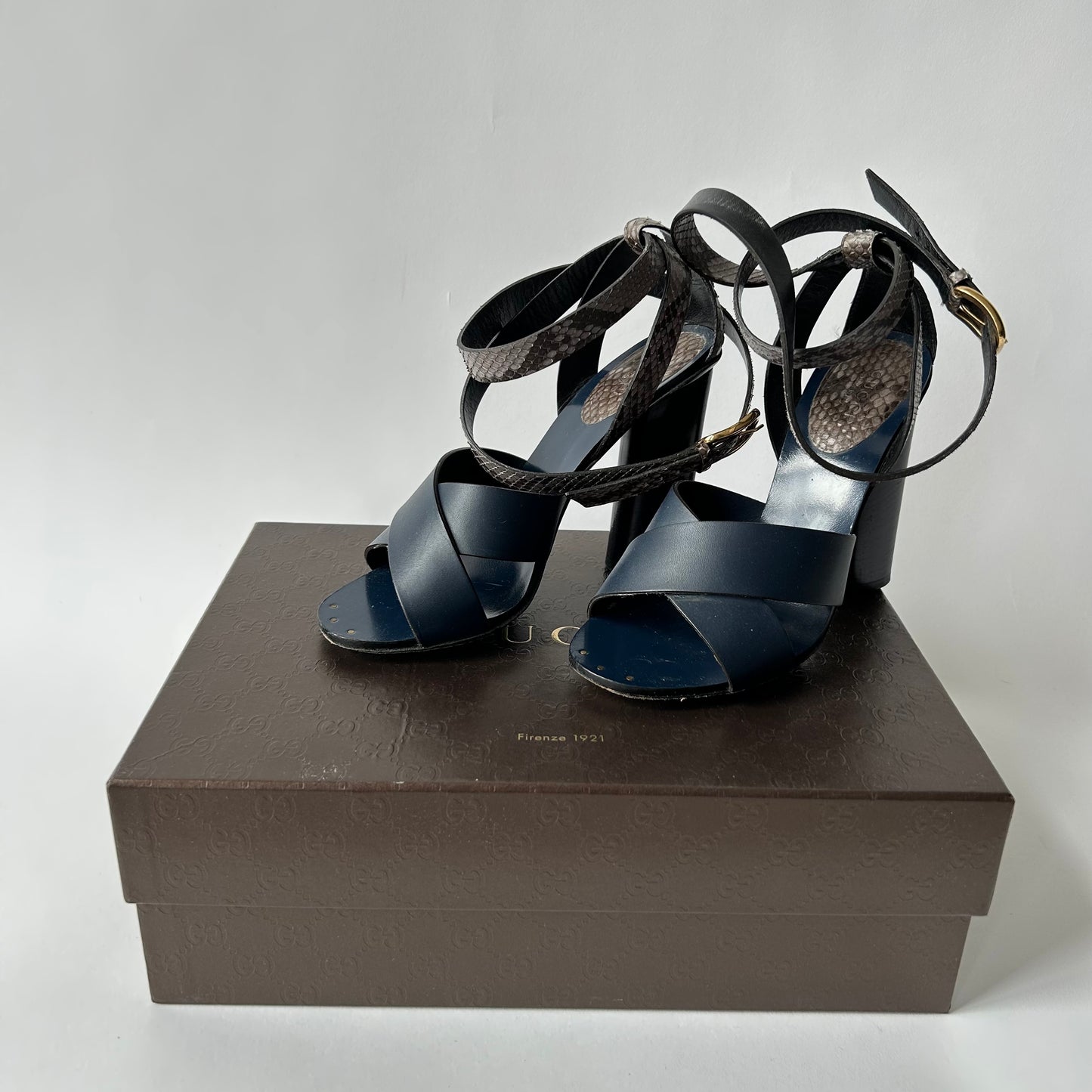 GUCCI BLUE CANDY STACKED PYTHON STACKED HEEL SANDALS SIZE 36