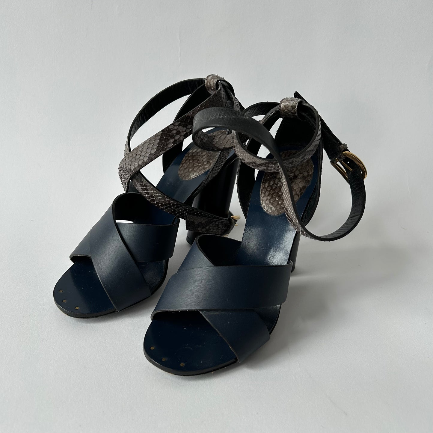 GUCCI BLUE CANDY STACKED PYTHON STACKED HEEL SANDALS SIZE 36