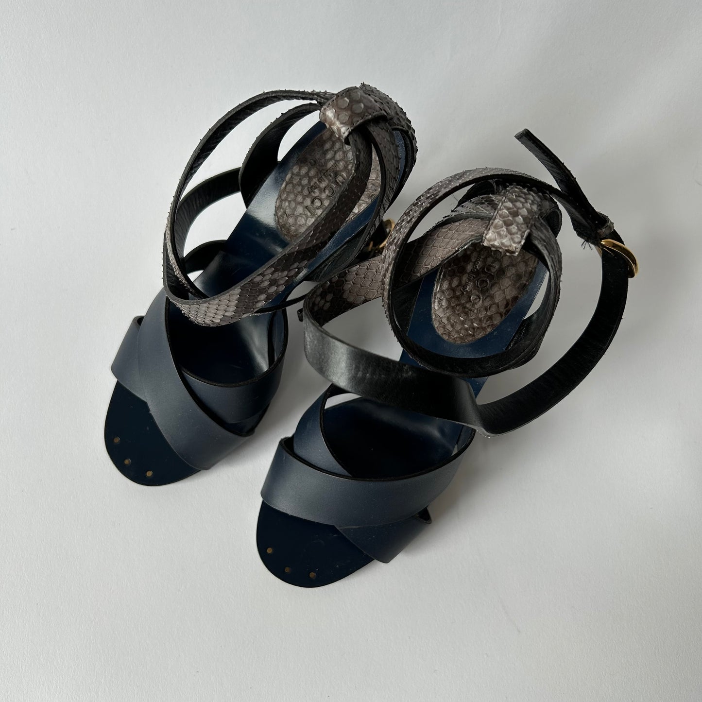 GUCCI BLUE CANDY STACKED PYTHON STACKED HEEL SANDALS SIZE 36