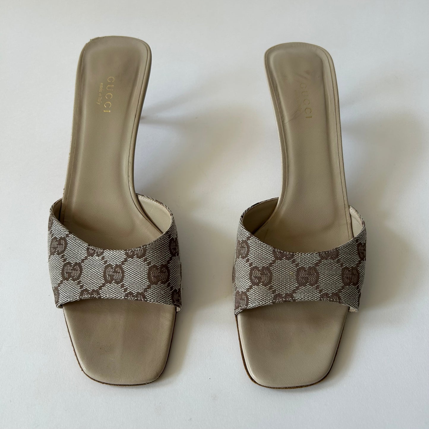 GUCCI MONOGRAM SQUARE TOE MULES