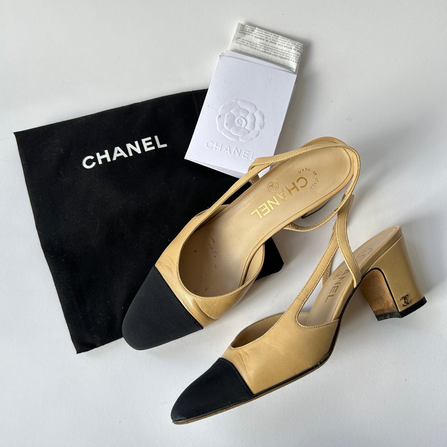 CHANEL SLINGBACK BEIGE LEATHER CAP TOE HEELS SIZE 37