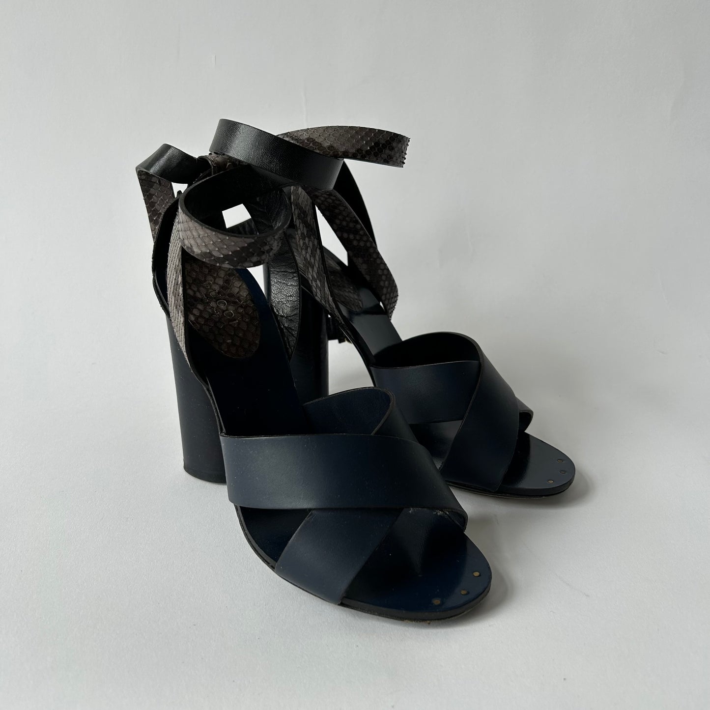 GUCCI BLUE CANDY STACKED PYTHON STACKED HEEL SANDALS SIZE 36