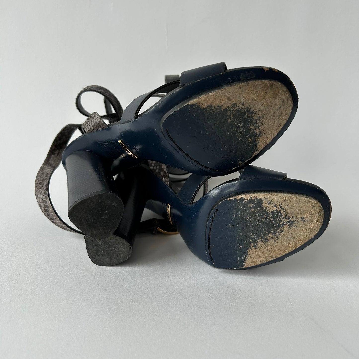 GUCCI BLUE CANDY STACKED PYTHON STACKED HEEL SANDALS SIZE 36