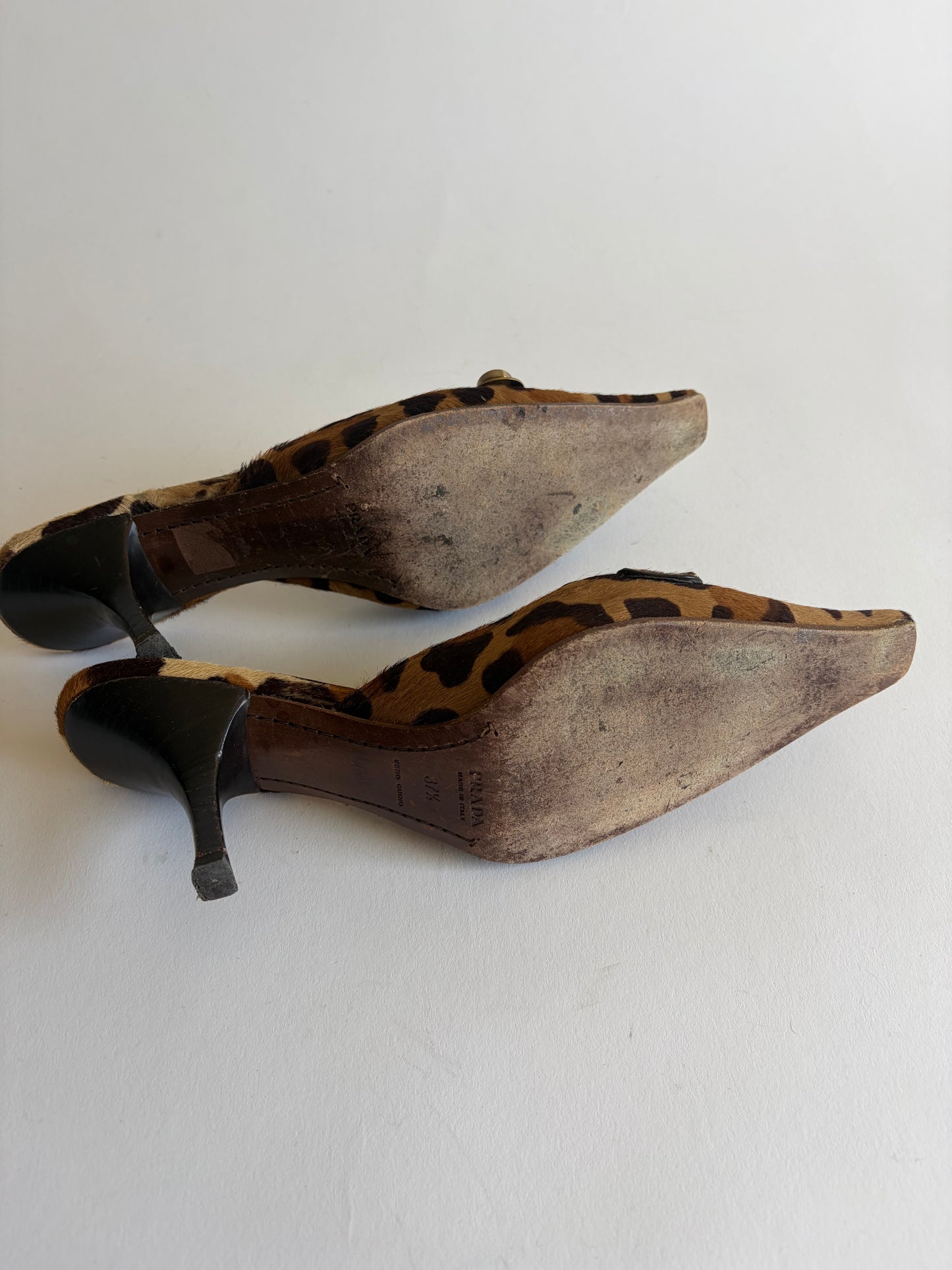 VINTAGE PRADA LEOPARD CALF HAIR POINTED TOE MULES