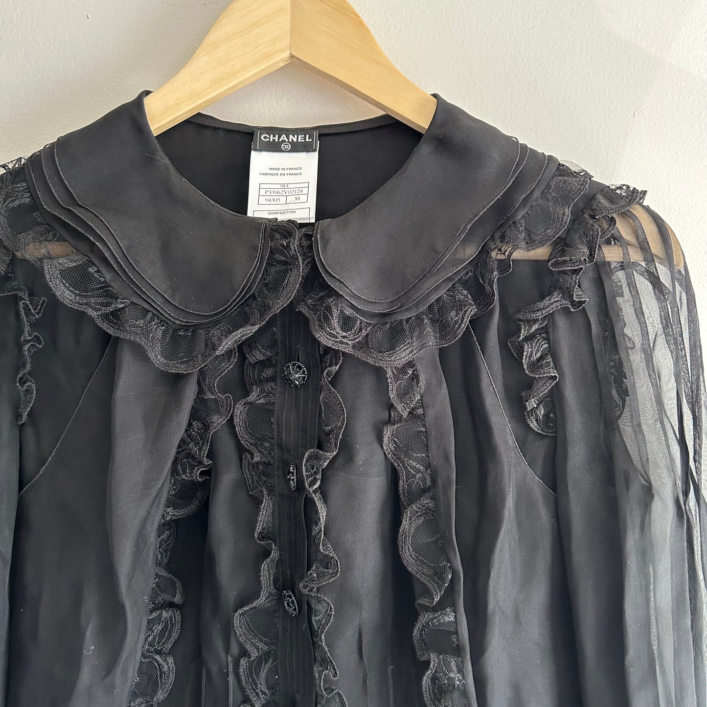 CHANEL BLACK SILK RUFFLE BLOUSE