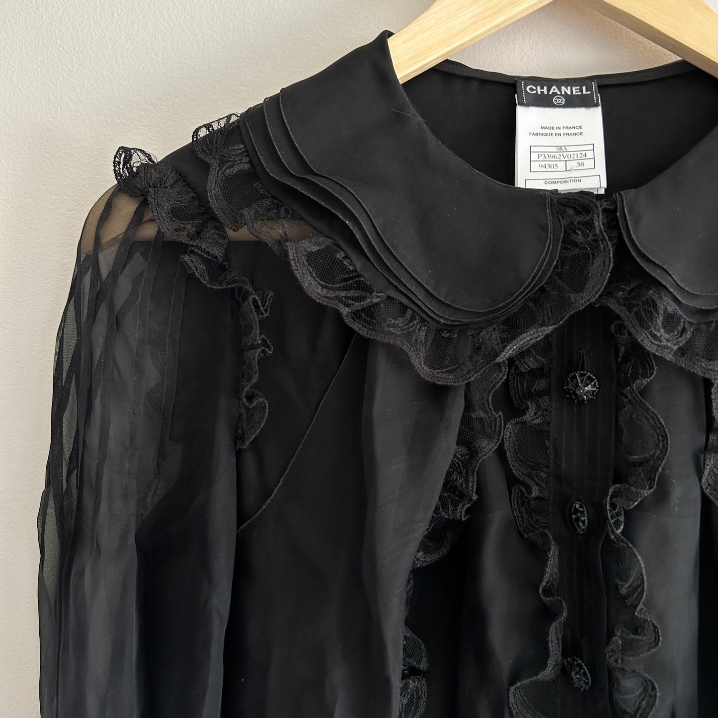CHANEL BLACK SILK RUFFLE BLOUSE