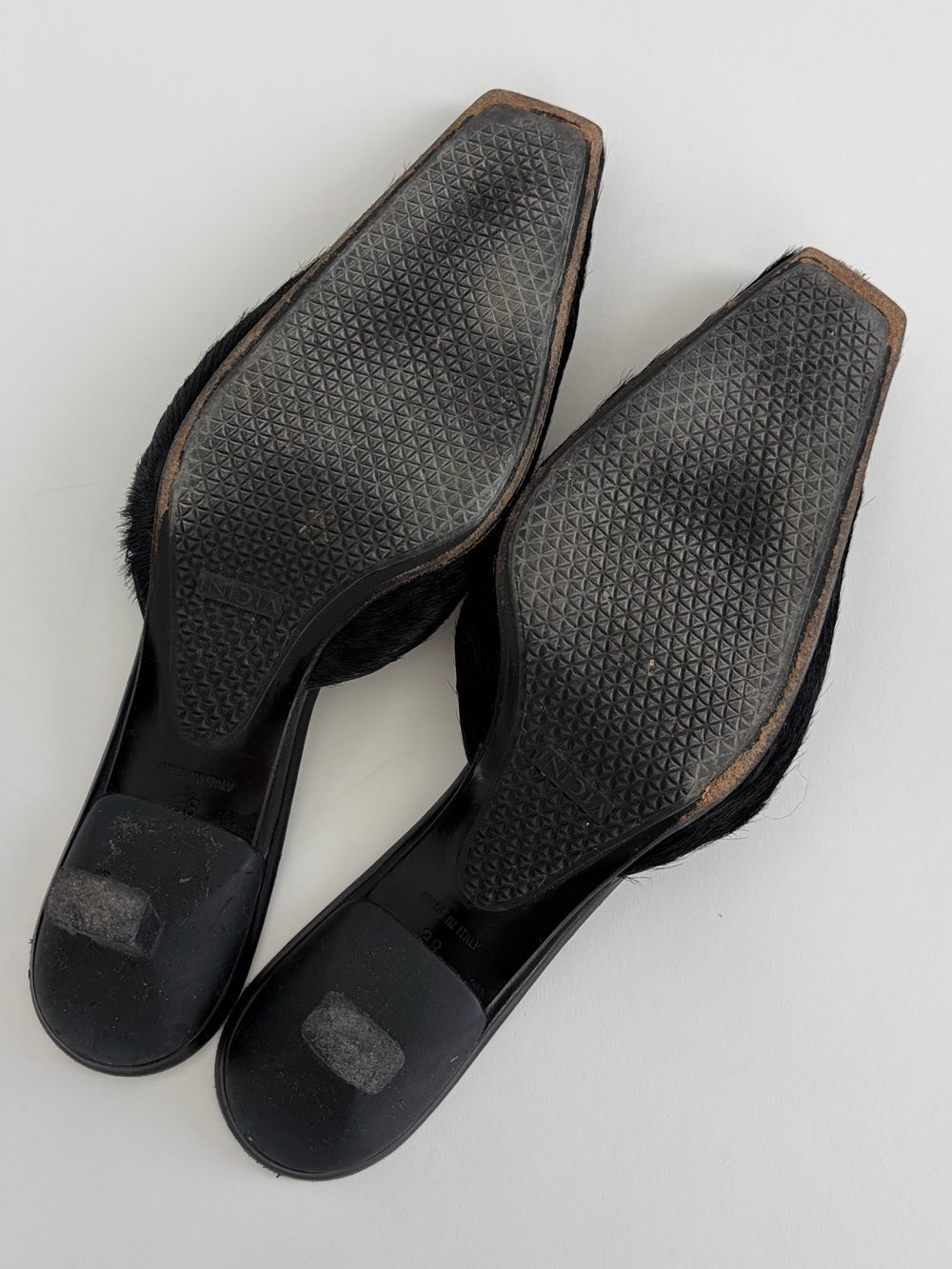 VINTAGE GIUSEPPE ZANOTTI PONEY HAIR SQUARE TOE BLACK MULES