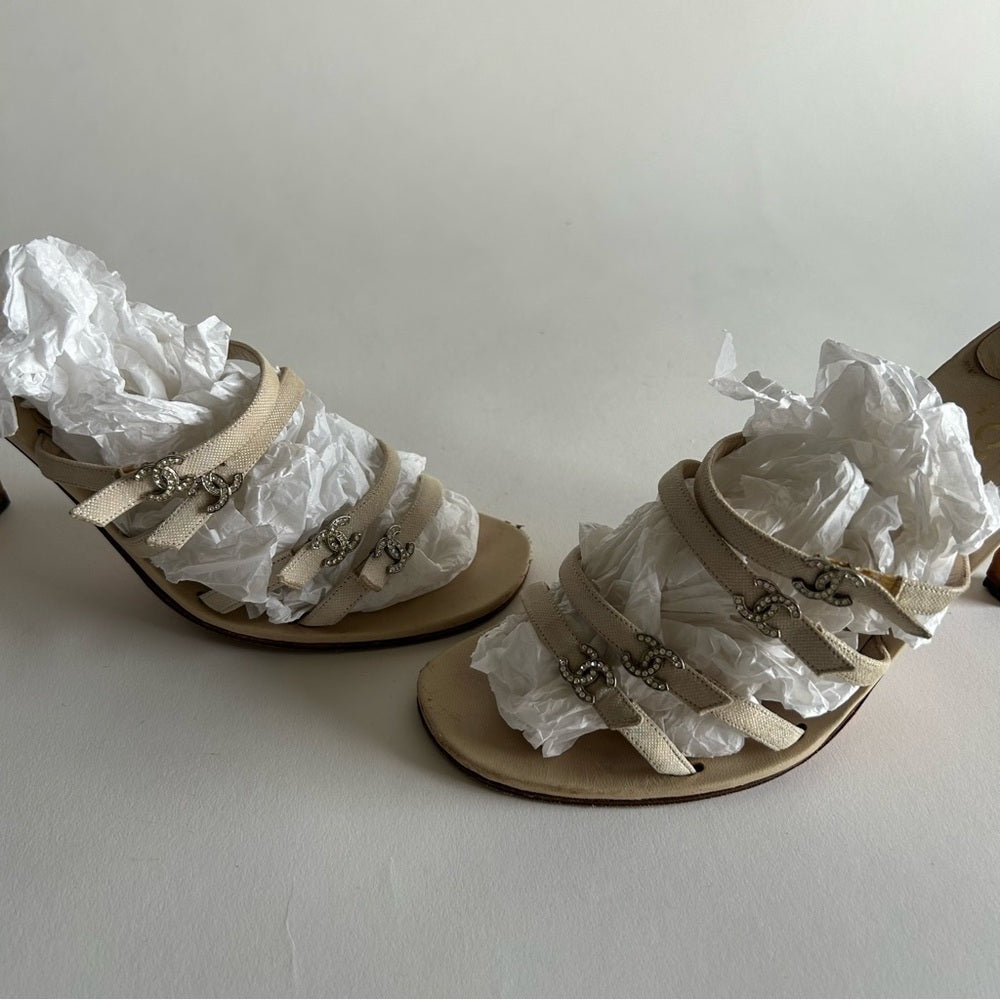 Rare Chanel Iconic "CC" Rhinestone Metallic Leather Sandal Heels size 40