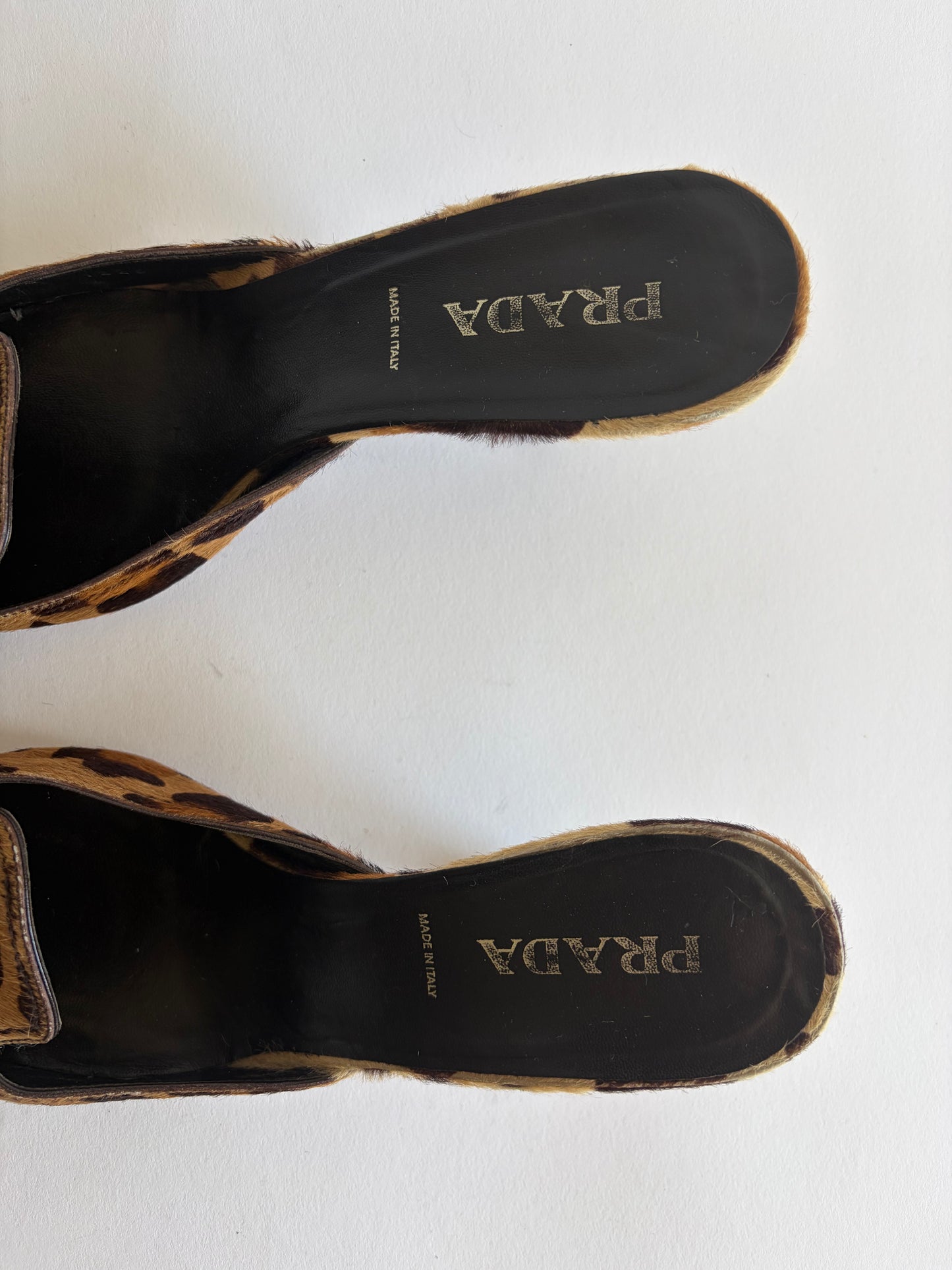 VINTAGE PRADA LEOPARD CALF HAIR POINTED TOE MULES
