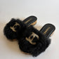 CHANEL SHEARLING FUR SANDALS CC LOGO