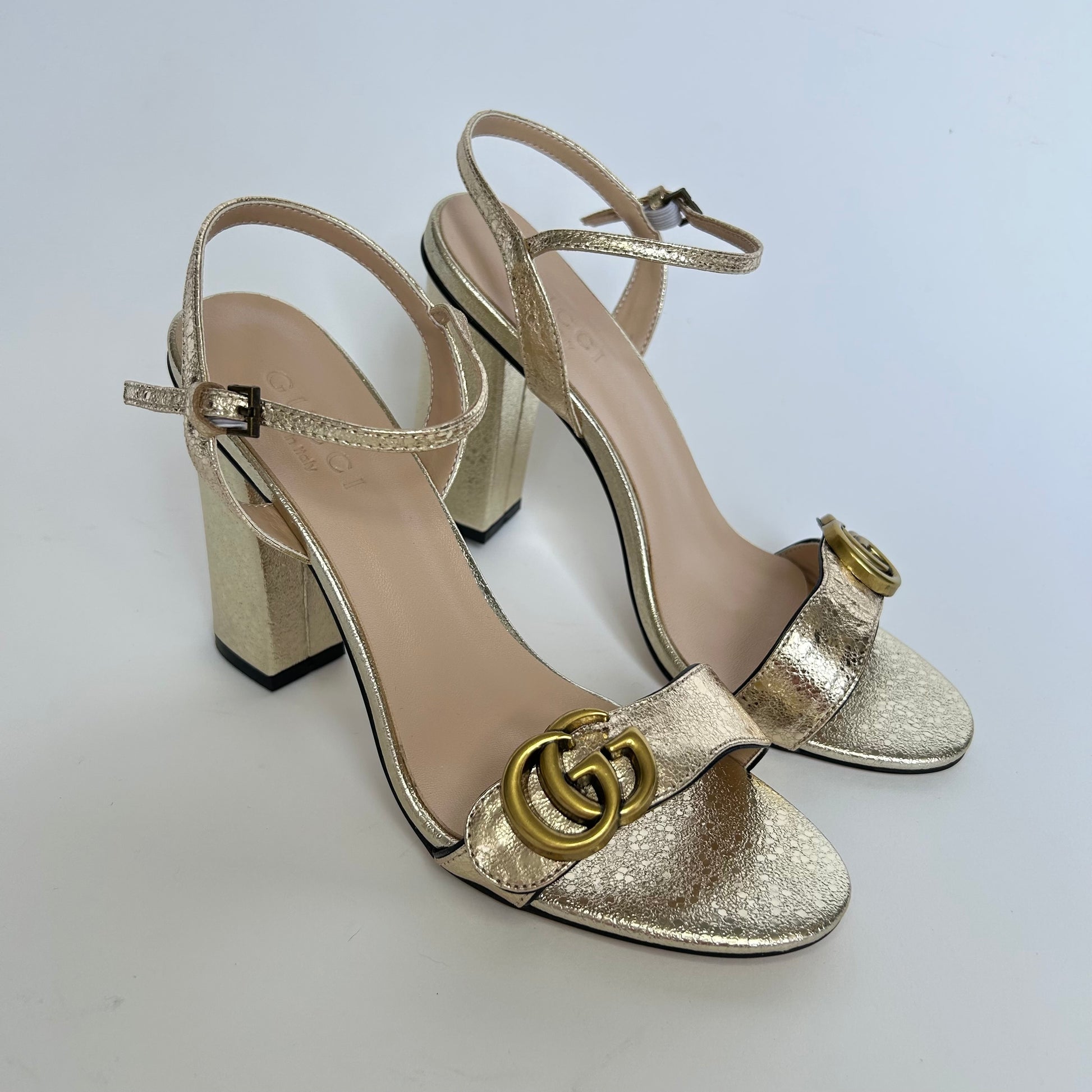 GUCCI MARMONT GOLD METALLIC HEEL SANDALS SIZE 40 (BRAND NEW) – LE