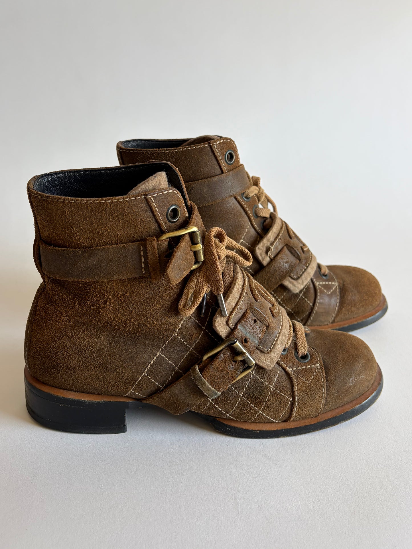 VINTAGE CHANEL SUEDE BROWN COMBAT BOOTS