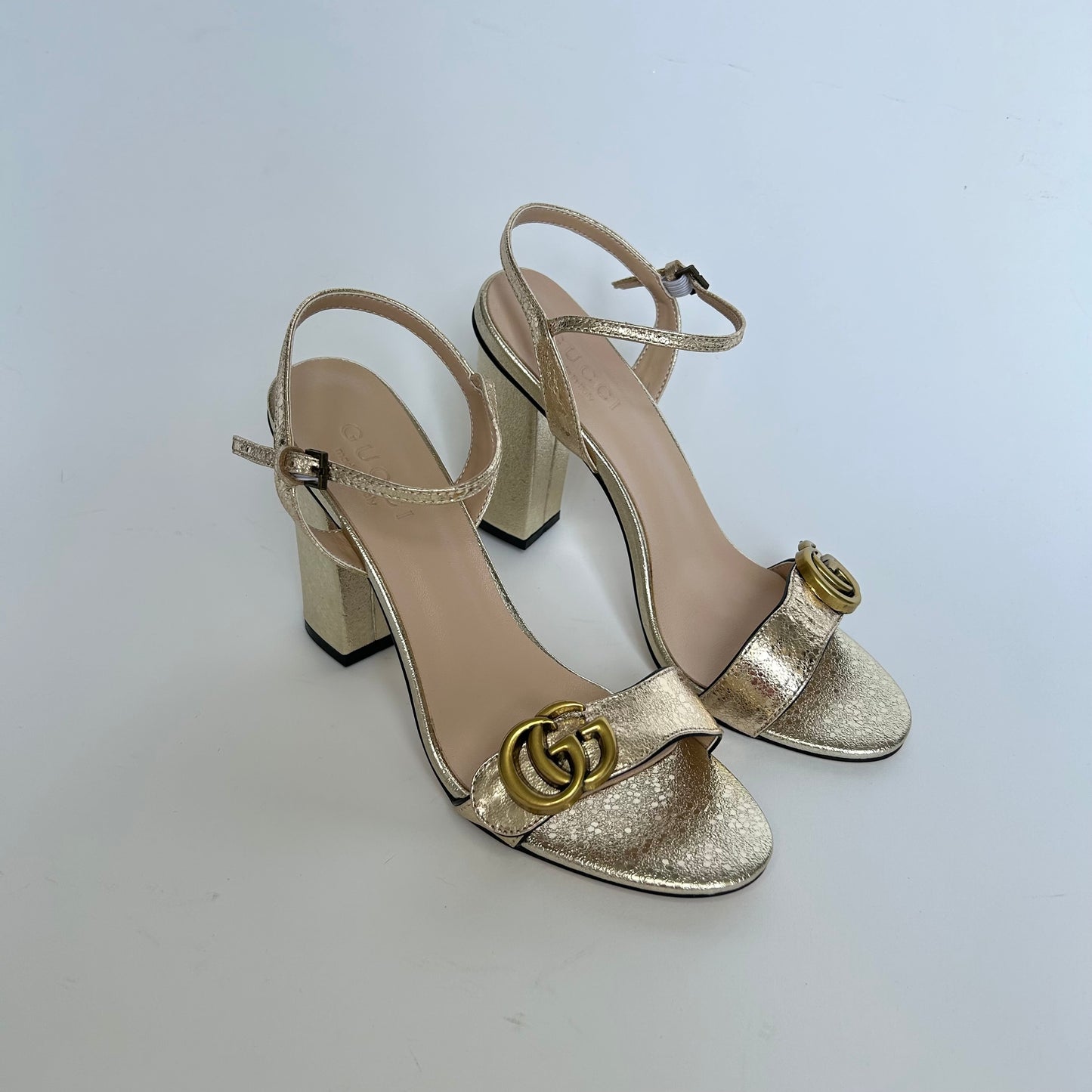 GUCCI MARMONT GOLD METALLIC HEEL SANDALS SIZE 40 (BRAND NEW)