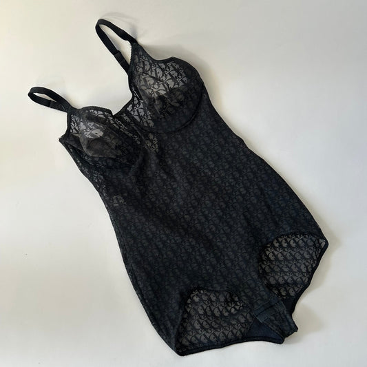 VINTAGE 80'S CHRISTIAN DIOR MESH MONOGRAM BLACK BODY SUIT