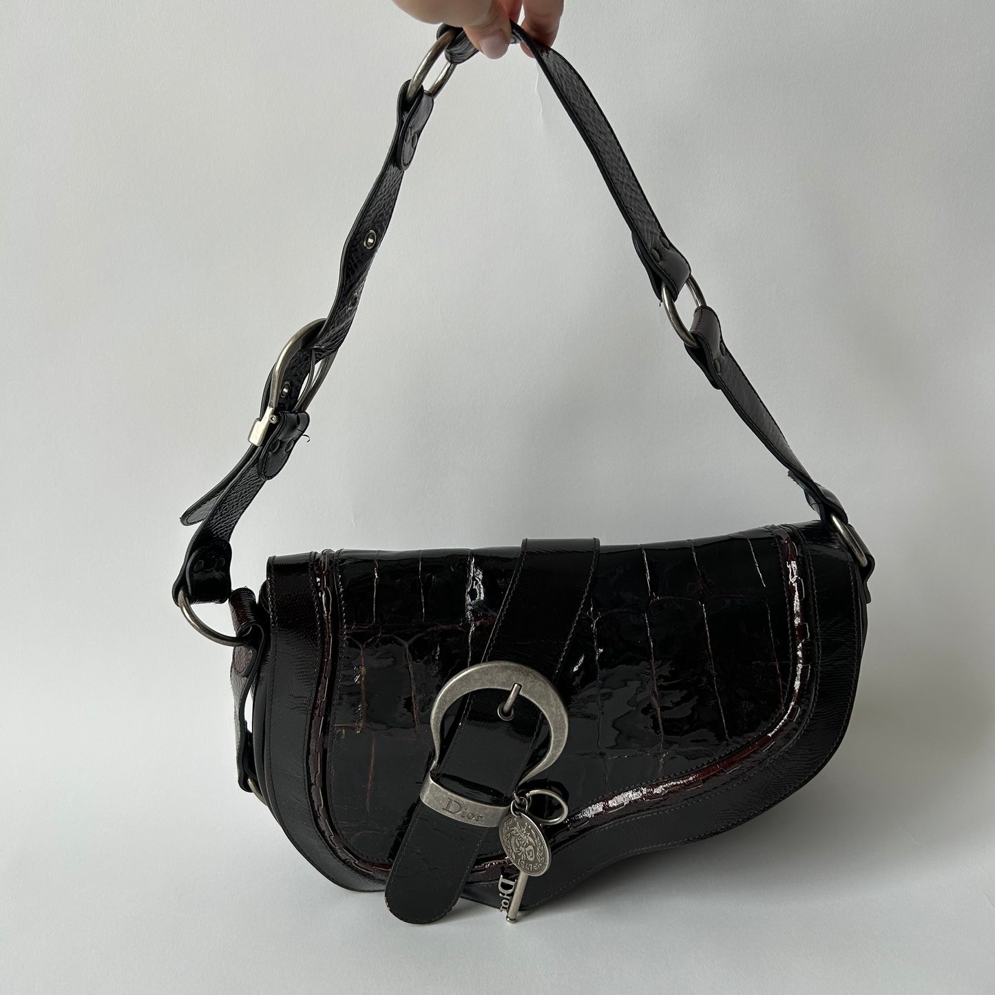 CHRISTIAN DIOR VINTAGE GAUCHO SADDLE BAG CROCODILE EMBOSSED PATENT LEATHER BAG