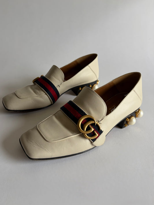 GUCCI PEYTON LEATHER PEARL HEELS MARMONT GG LOAFERS