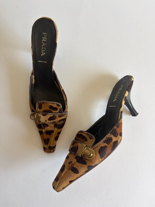 VINTAGE PRADA LEOPARD CALF HAIR POINTED TOE MULES