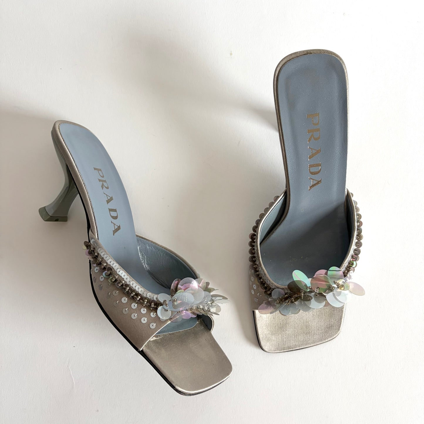PRADA SATIN SQUARE TOE SEQUIN KITTEN HEELS