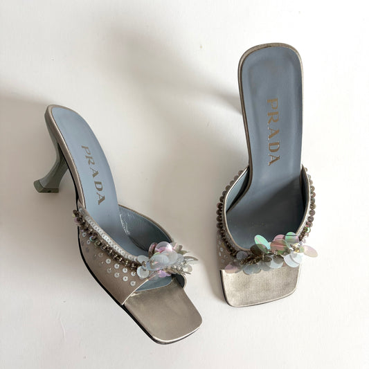 PRADA SATIN SQUARE TOE SEQUIN KITTEN HEELS