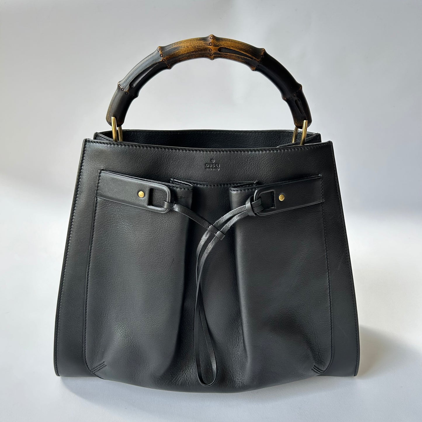 GUCCI BAMBOO FRONT POCKET BLACK LEATHER TOTE BAG