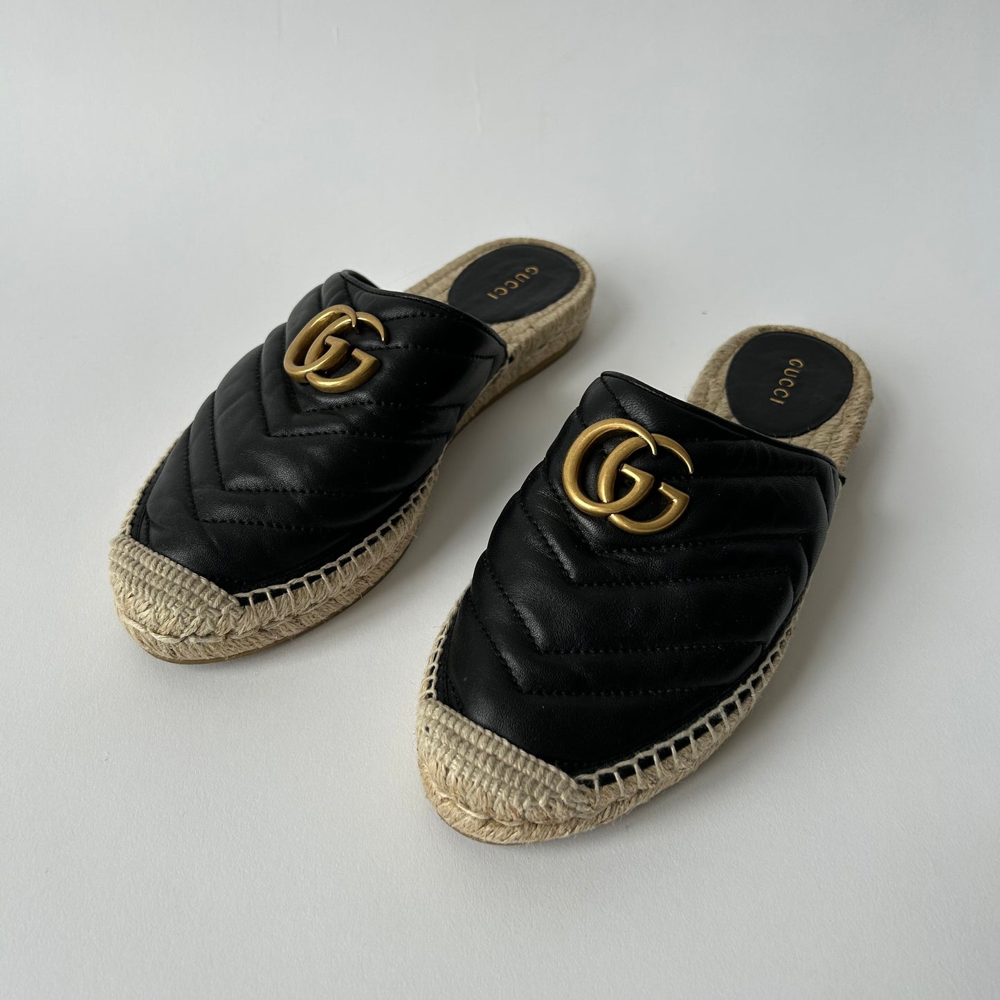 GUCCI NAPPA MATELASSE GG MARMONT BLACK MULES ESPADRILLES SIZE 37.5