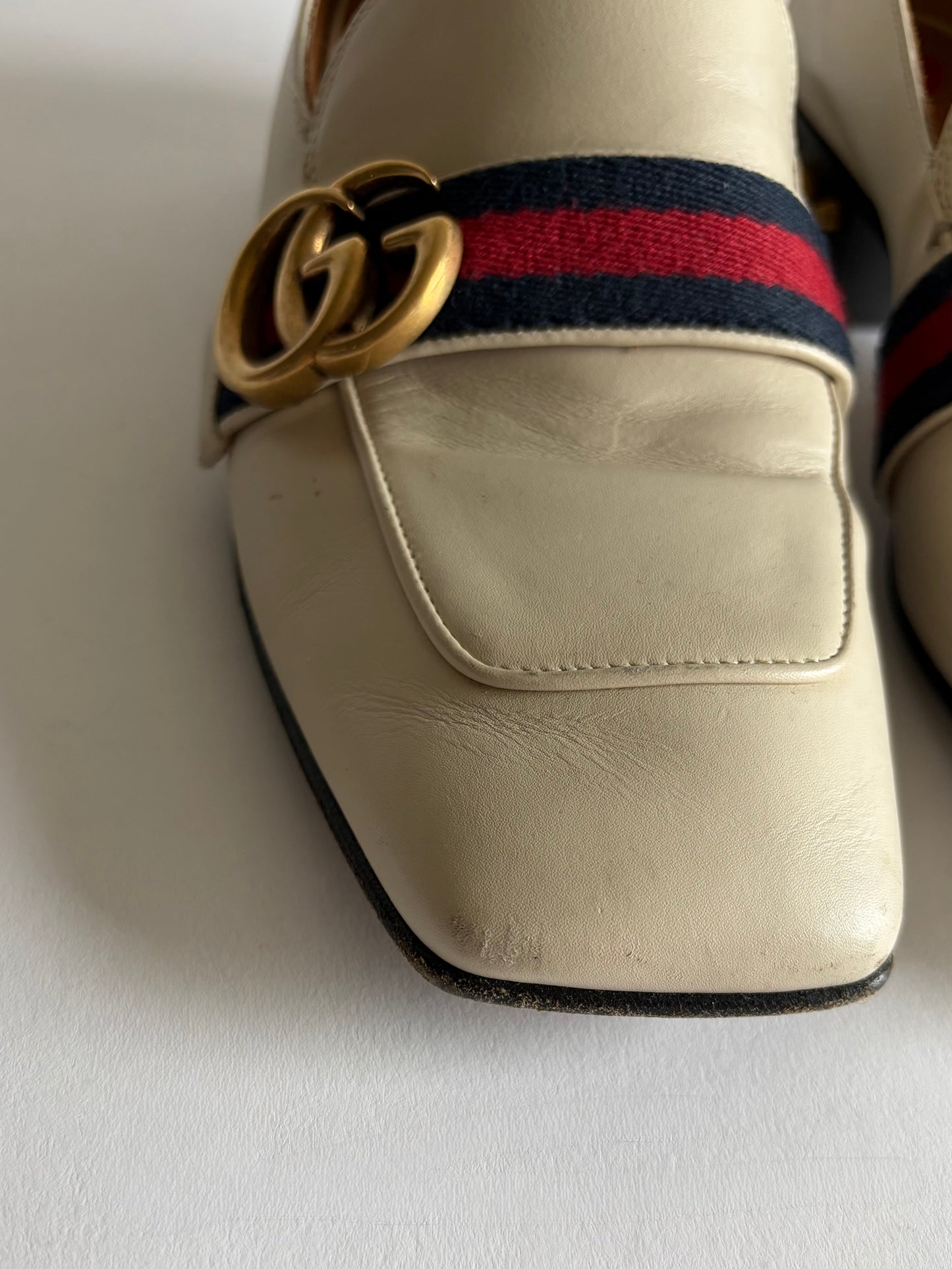 GUCCI PEYTON LEATHER PEARL HEELS MARMONT GG LOAFERS