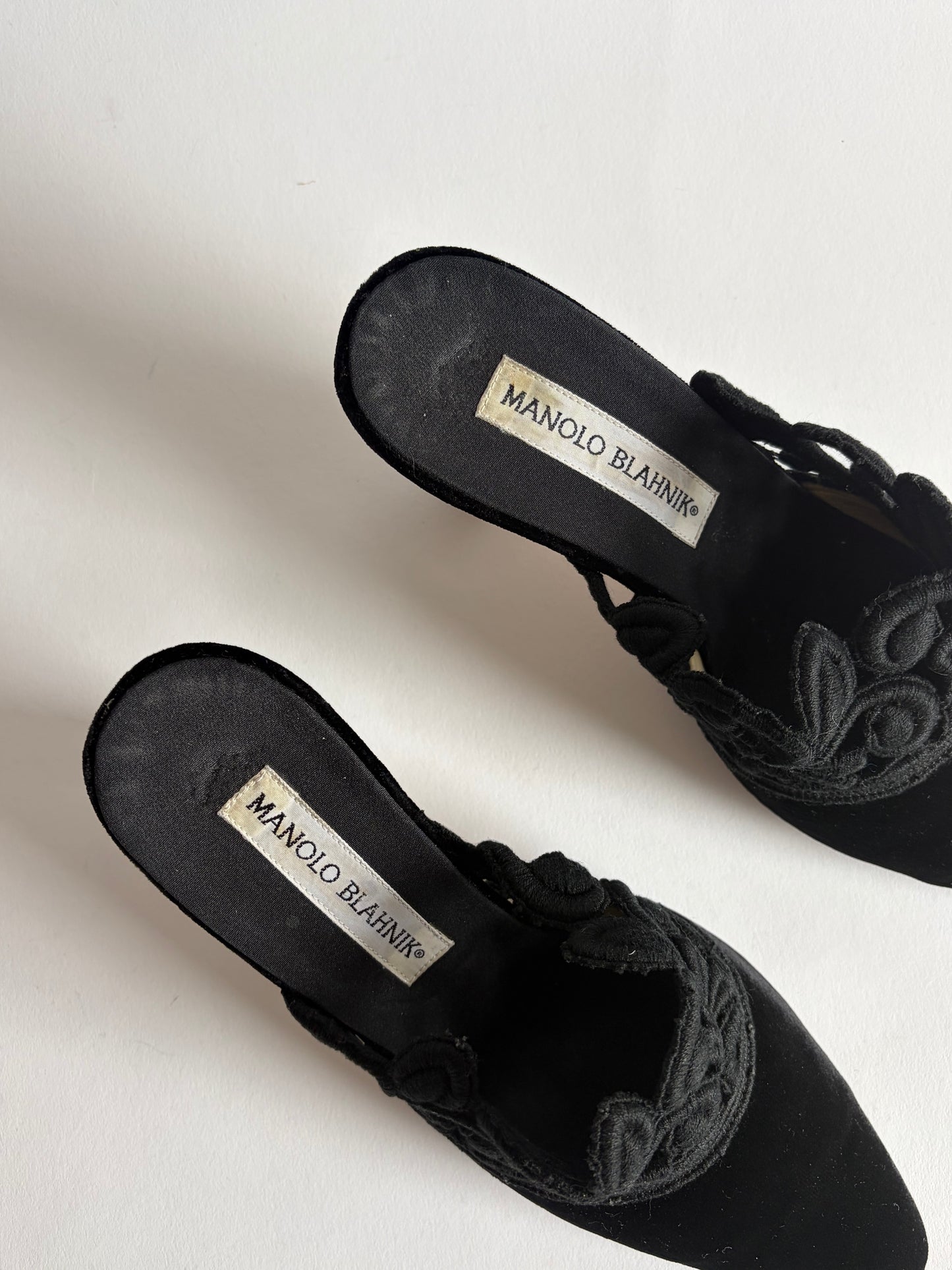 MANOLO BLAHNIK VELOUR AND LACE MULES