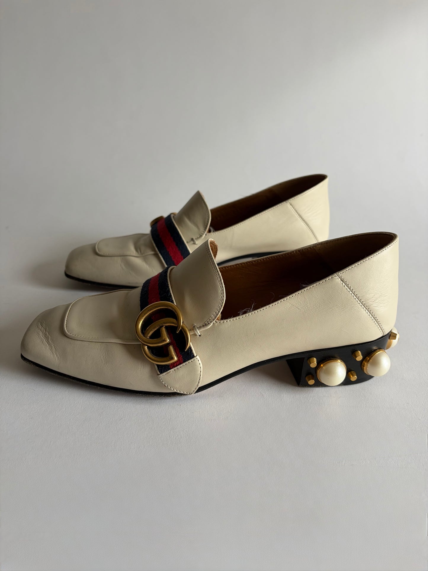 GUCCI PEYTON LEATHER PEARL HEELS MARMONT GG LOAFERS