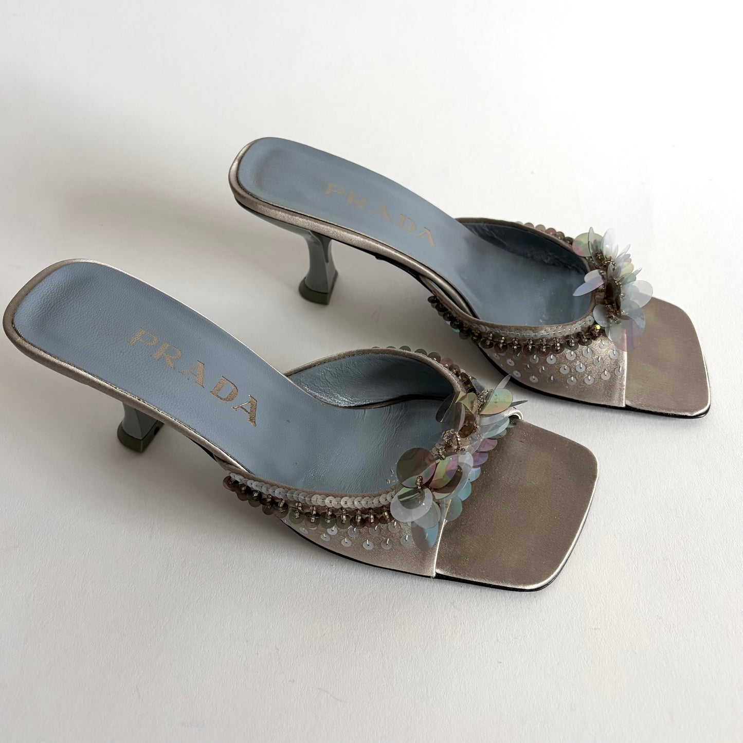 PRADA SATIN SQUARE TOE SEQUIN KITTEN HEELS