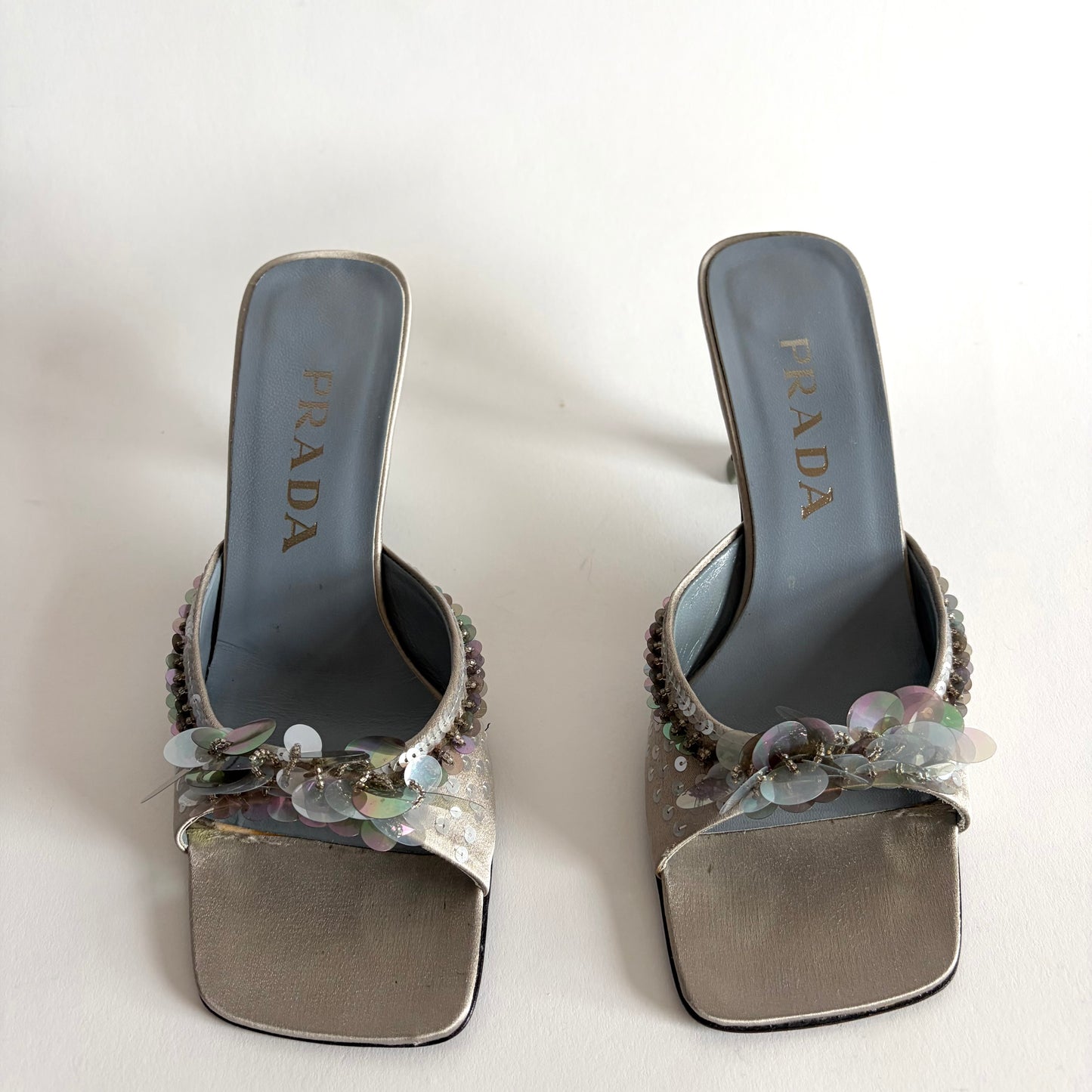 PRADA SATIN SQUARE TOE SEQUIN KITTEN HEELS