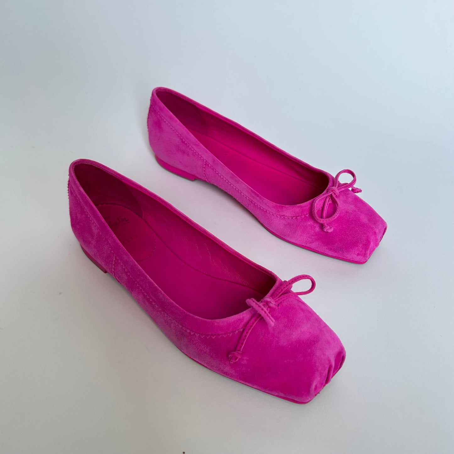 CHRISTIAN LOUBOUTIN MAMADRAGUE PINK SUEDE SQUARE TOE BALLET FLATS SIZE 37.5