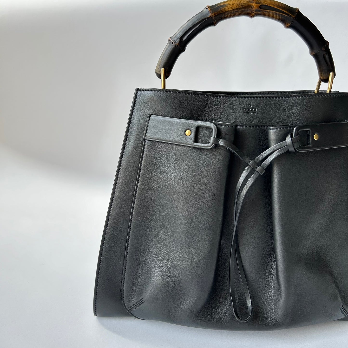 GUCCI BAMBOO FRONT POCKET BLACK LEATHER TOTE BAG