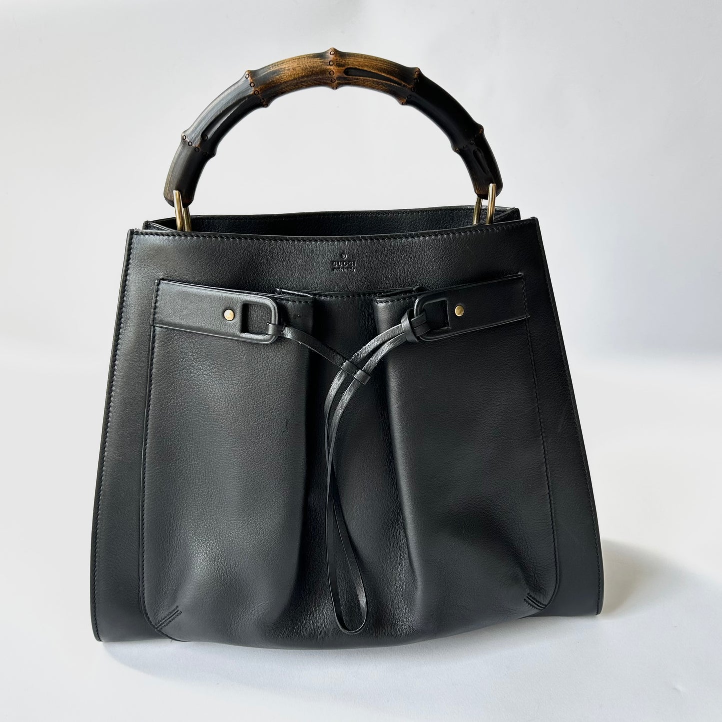 GUCCI BAMBOO FRONT POCKET BLACK LEATHER TOTE BAG