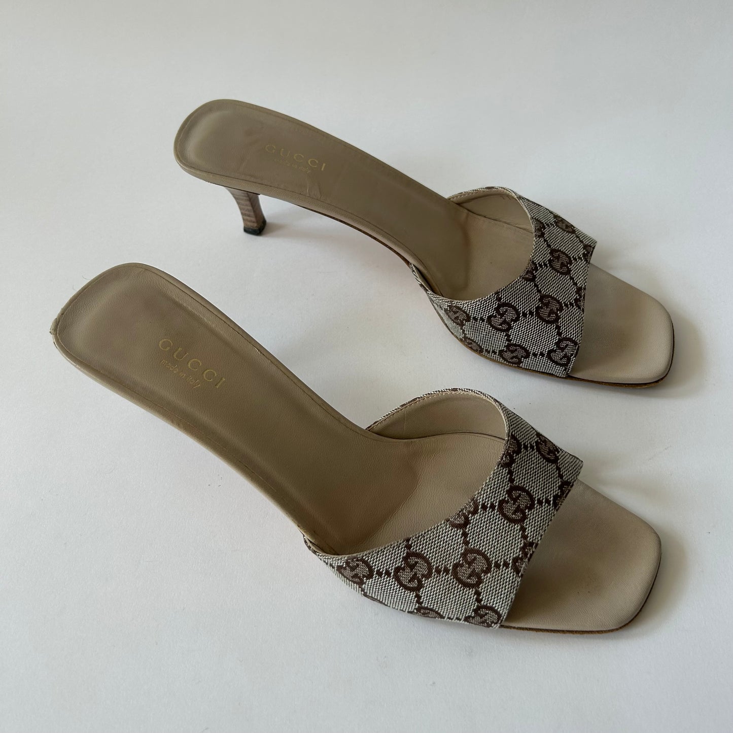 GUCCI MONOGRAM SQUARE TOE MULES