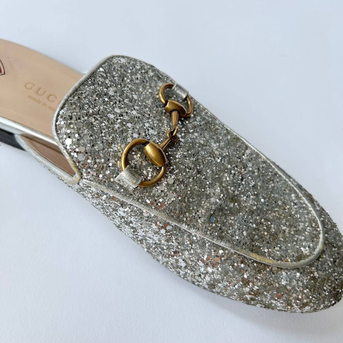 GUCCI PRINCETOWN HORSEBIT-DETAILED GLITTER LEATHER SLIPPERS SIZE 37