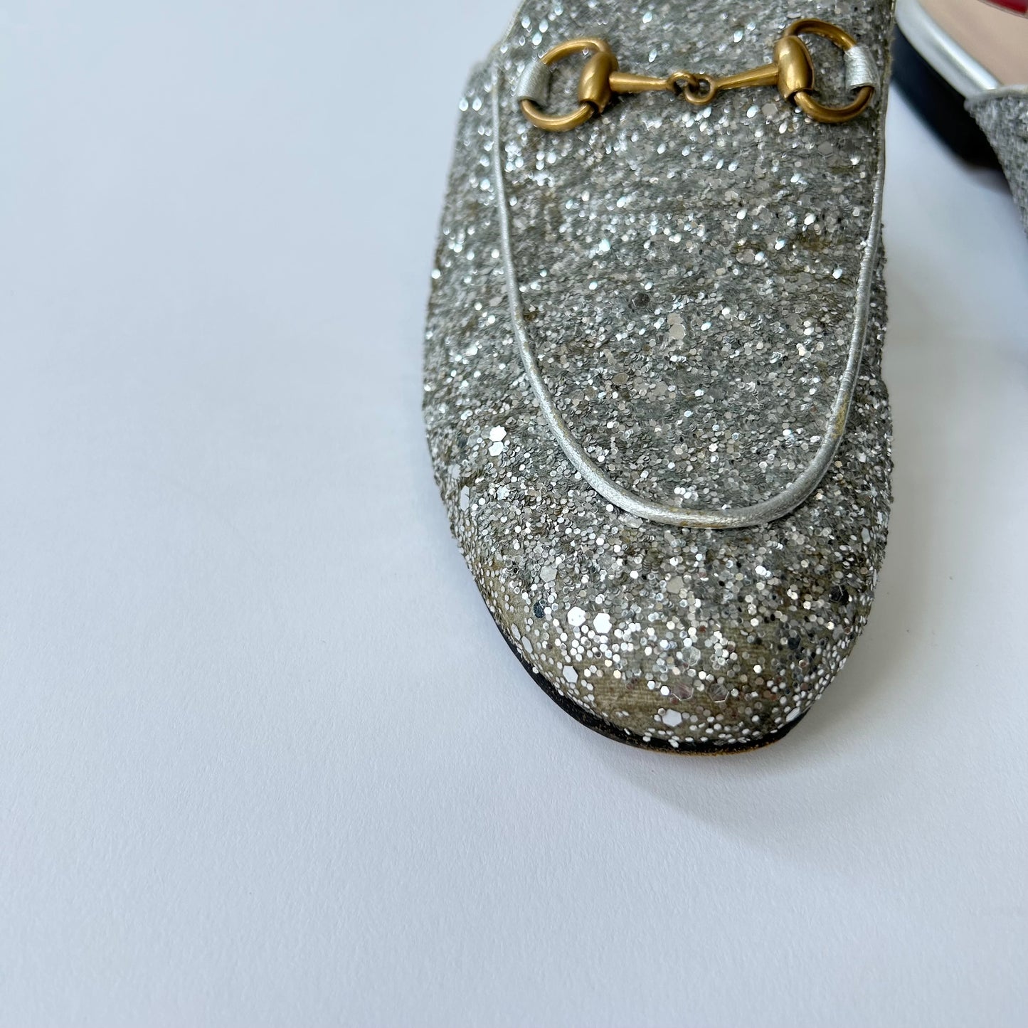 GUCCI PRINCETOWN HORSEBIT-DETAILED GLITTER LEATHER SLIPPERS SIZE 37