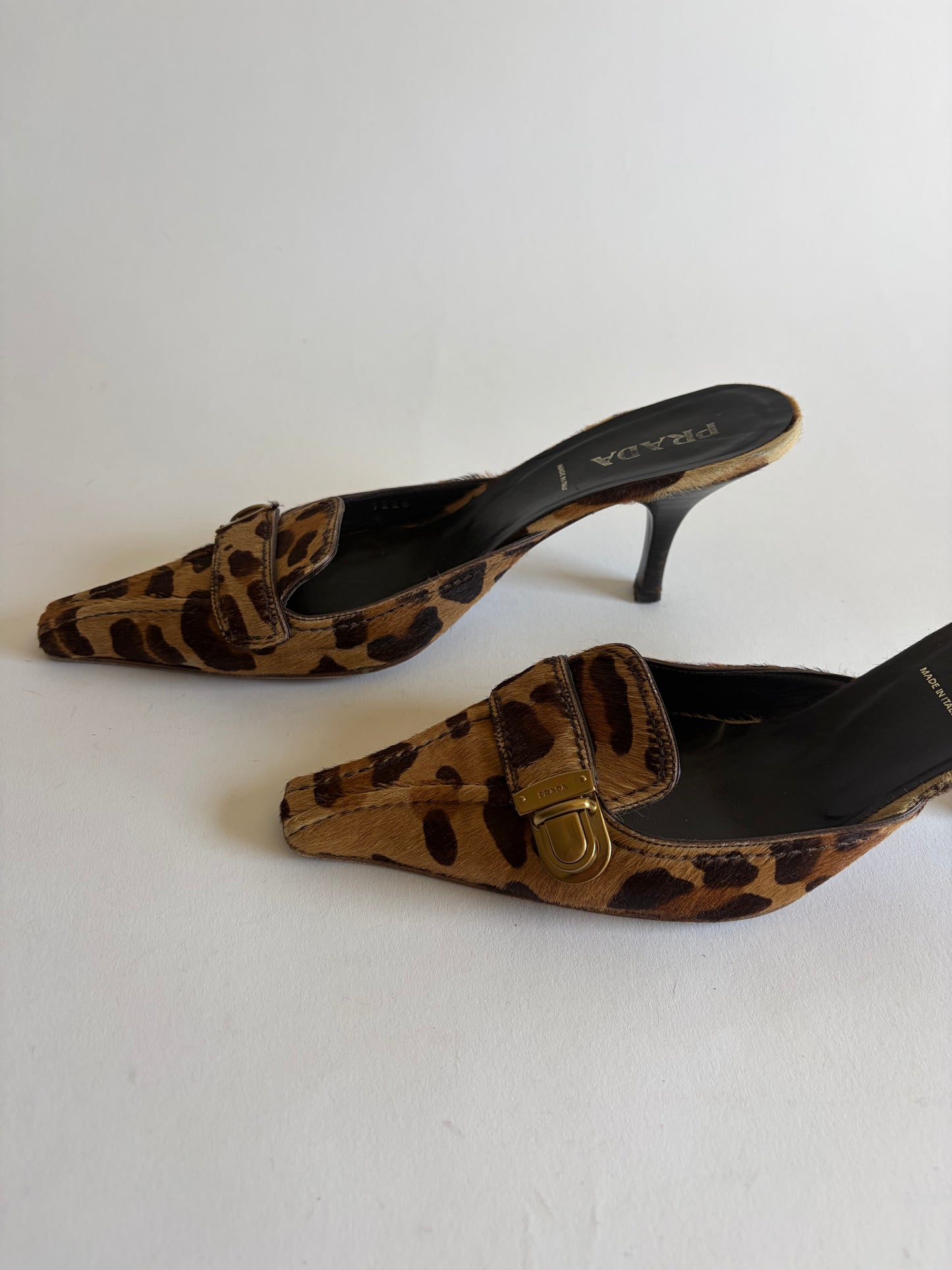 VINTAGE PRADA LEOPARD CALF HAIR POINTED TOE MULES