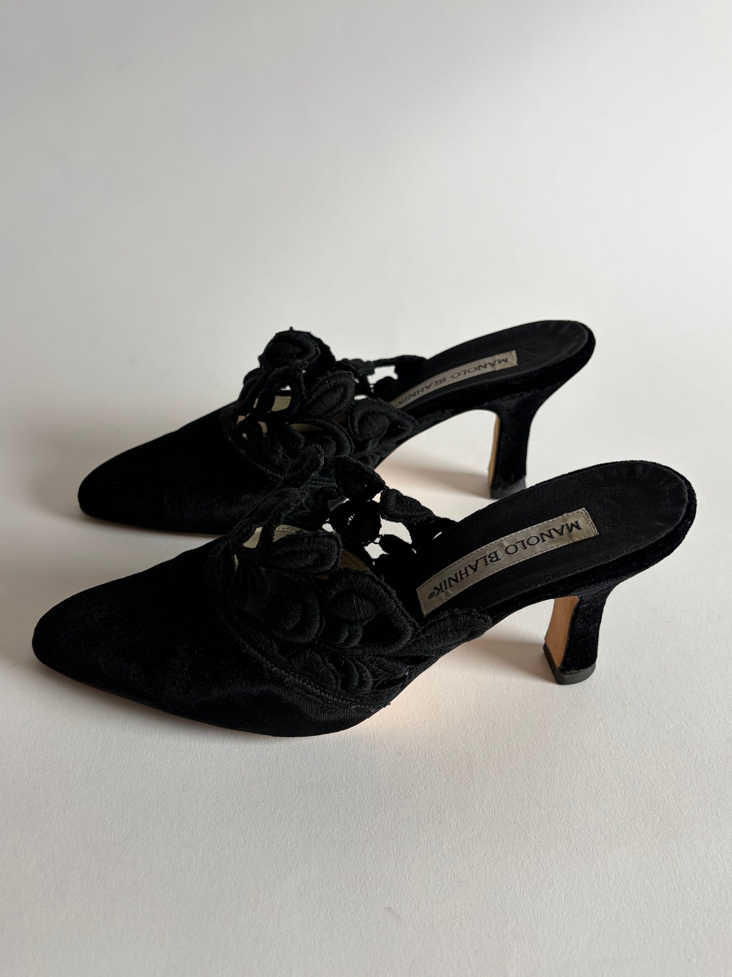 MANOLO BLAHNIK VELOUR AND LACE MULES