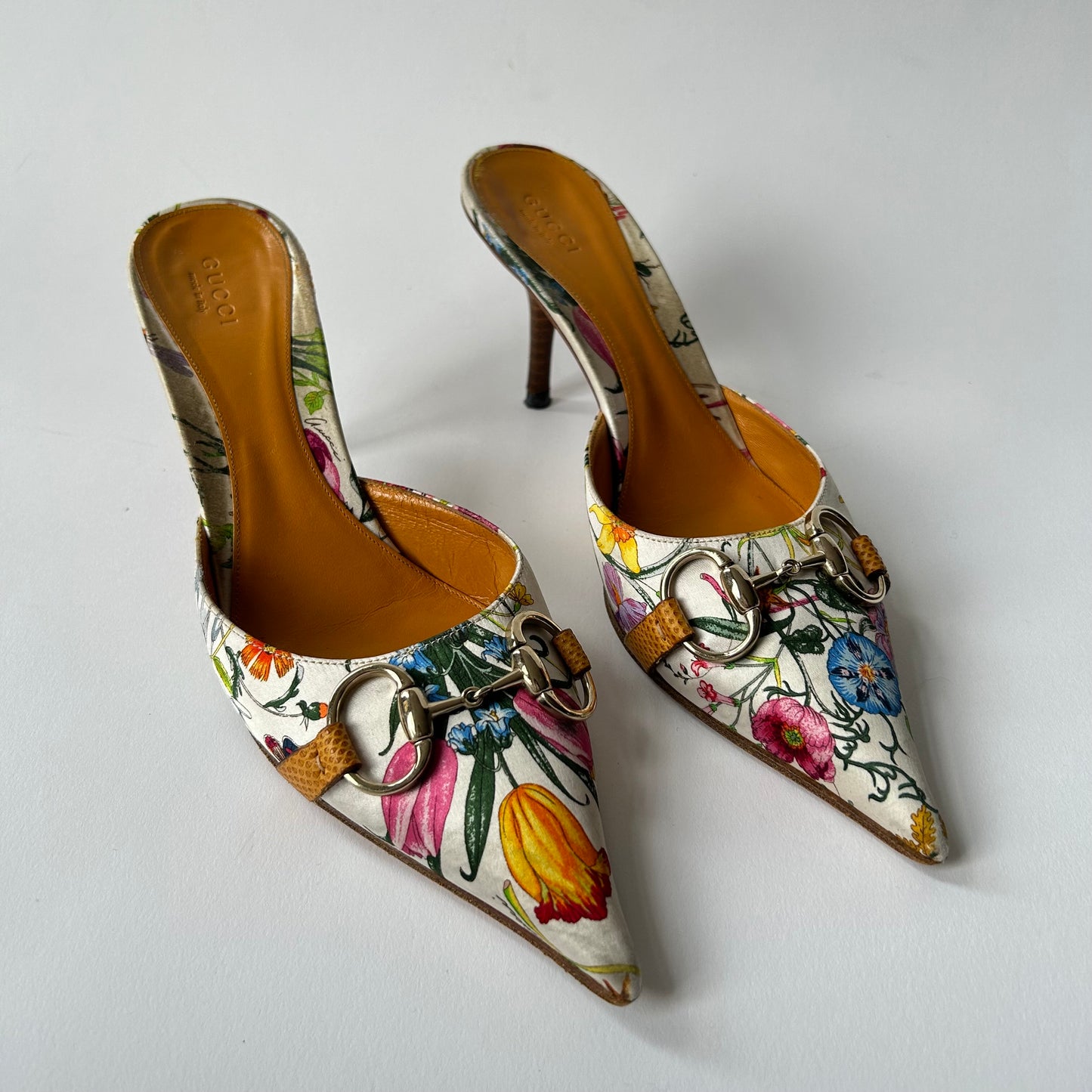 GUCCI FLORA HORSEBIT 1955 90'S ICONIC KITTEN MULES BOTANICAL PRINT SIZE 8B