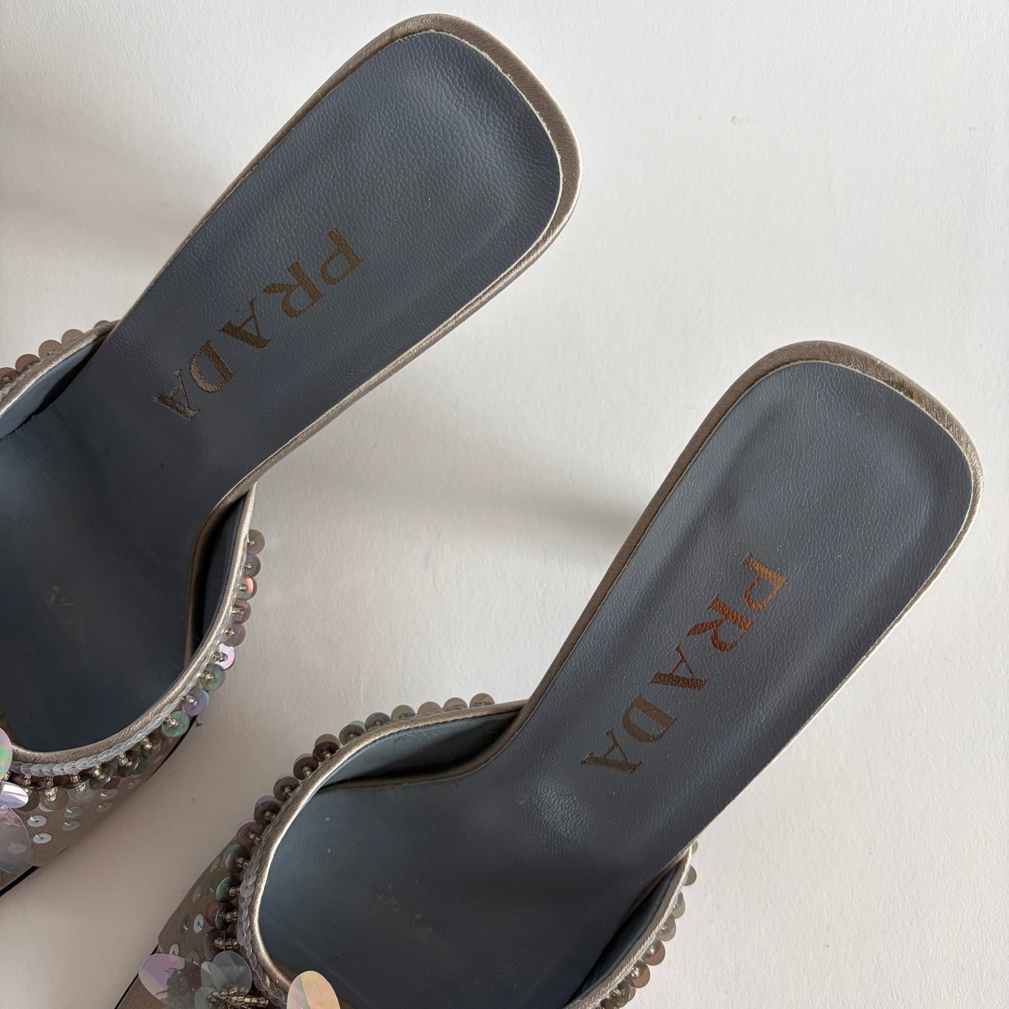 PRADA SATIN SQUARE TOE SEQUIN KITTEN HEELS