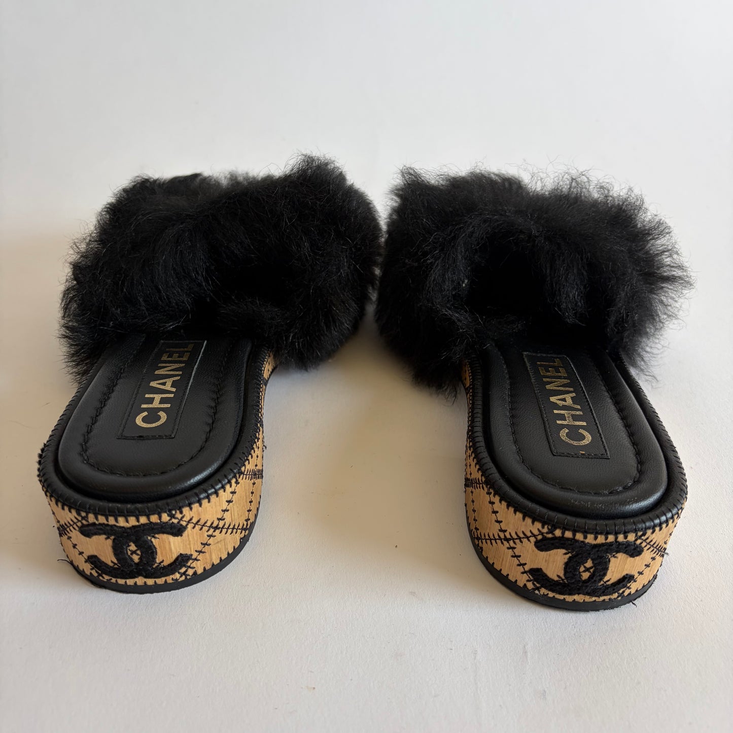 CHANEL SHEARLING FUR SANDALS CC LOGO