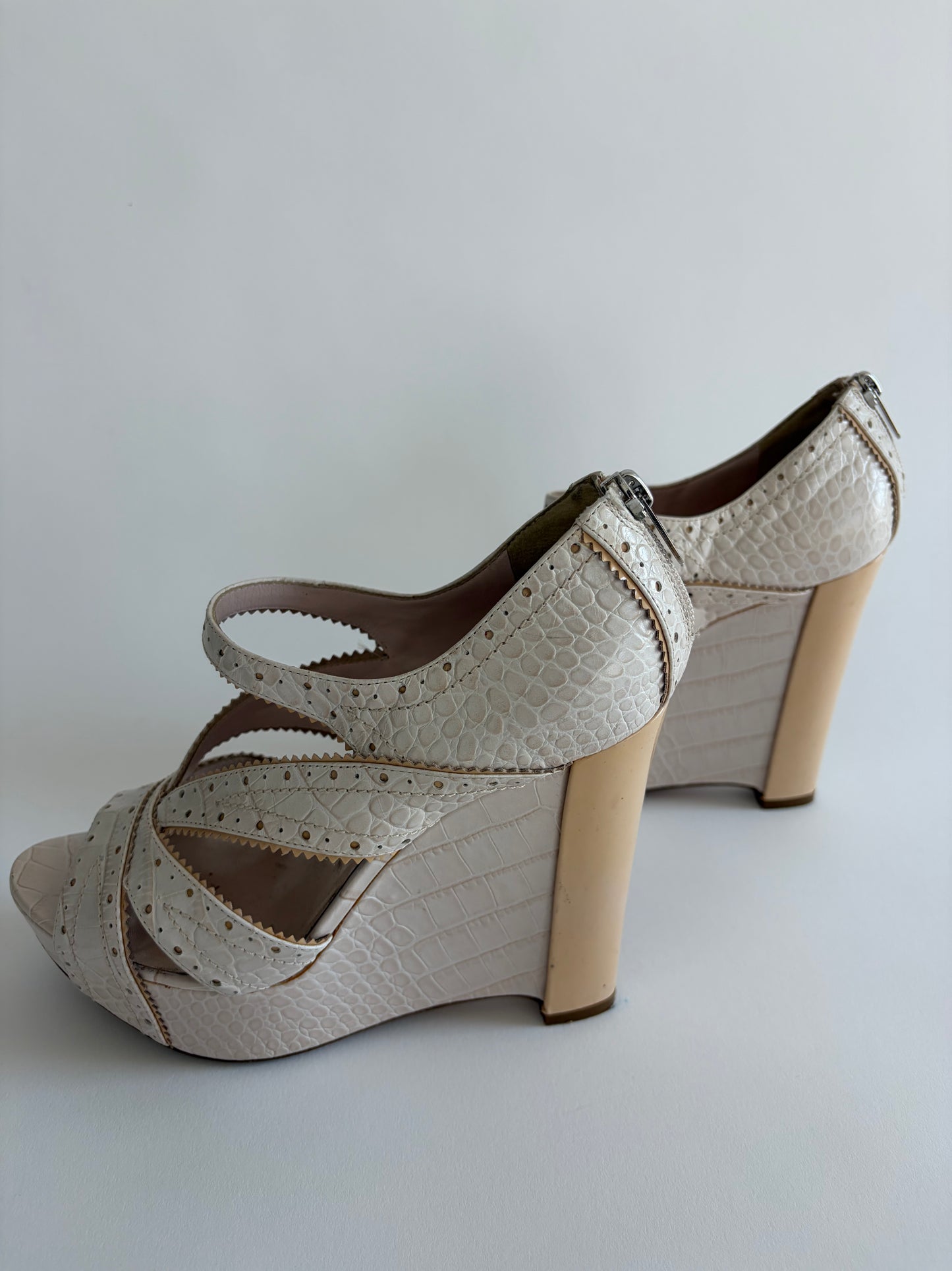 CHRISTIAN DIOR 2000S WHITE STAMPED CROC BONNIE WEDGE SANDALS