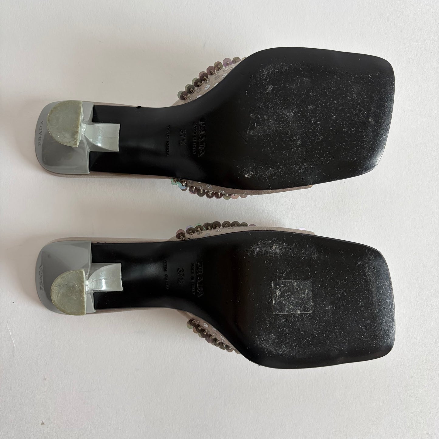 PRADA SATIN SQUARE TOE SEQUIN KITTEN HEELS