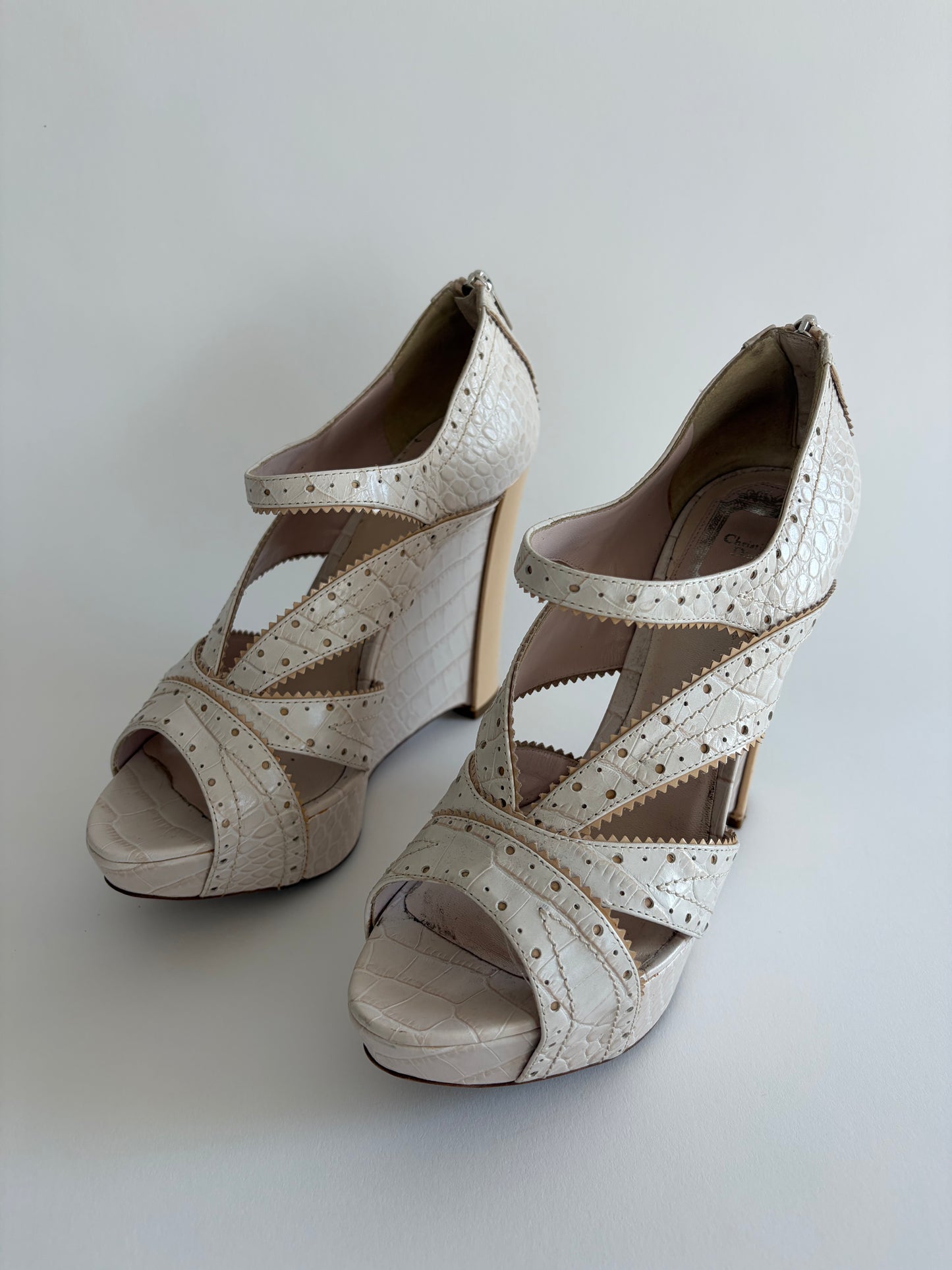 CHRISTIAN DIOR 2000S WHITE STAMPED CROC BONNIE WEDGE SANDALS