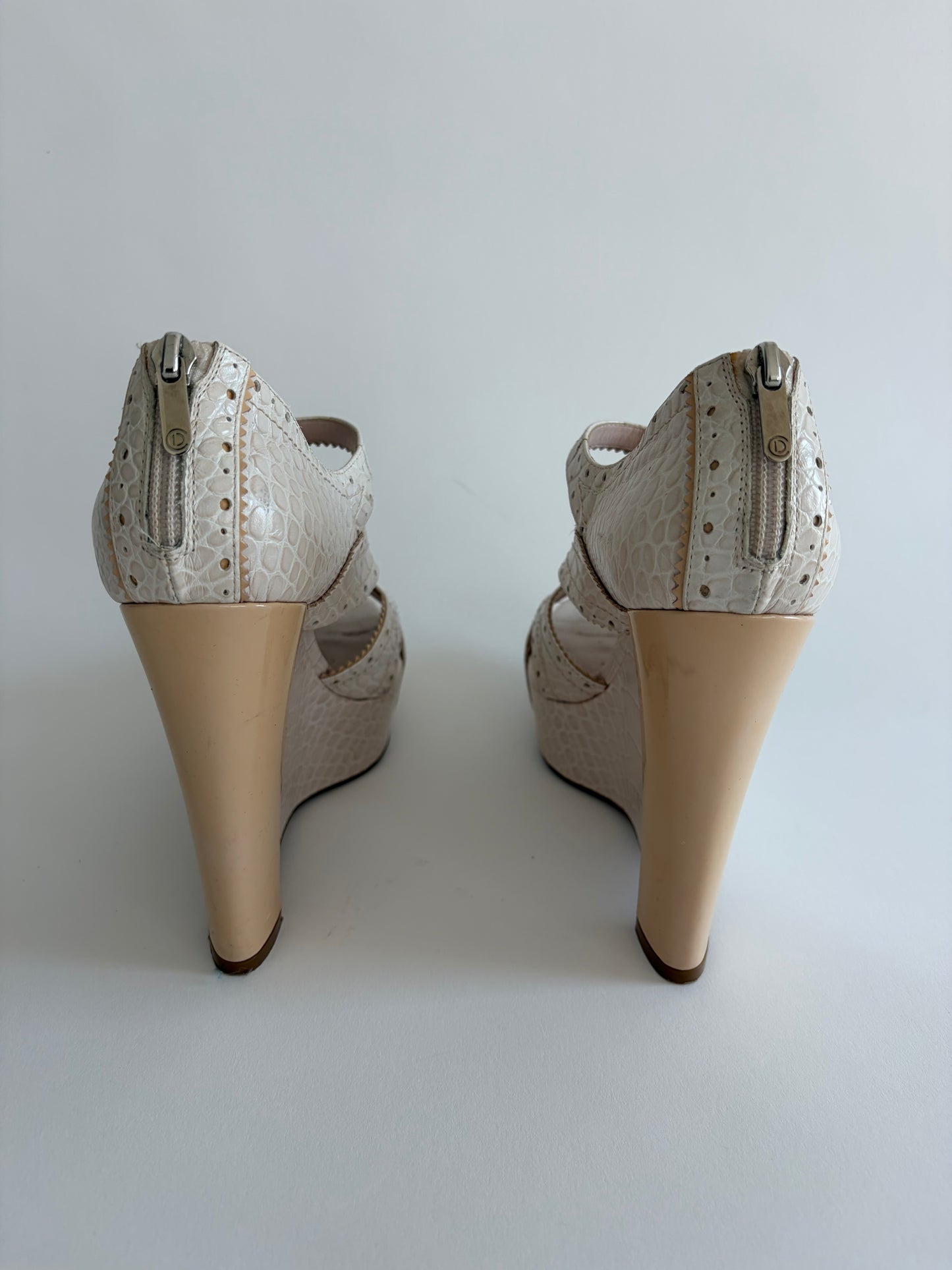 CHRISTIAN DIOR 2000S WHITE STAMPED CROC BONNIE WEDGE SANDALS