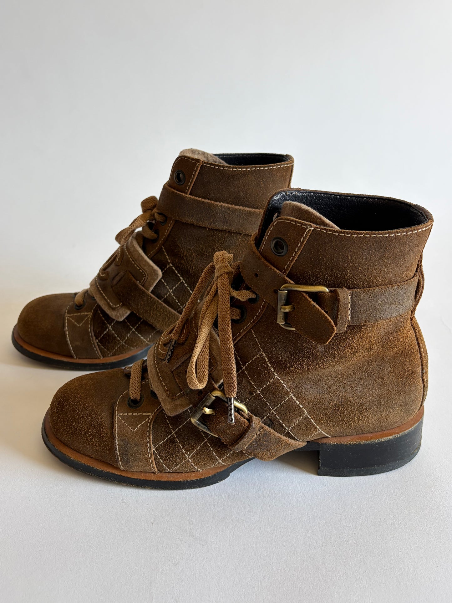 VINTAGE CHANEL SUEDE BROWN COMBAT BOOTS
