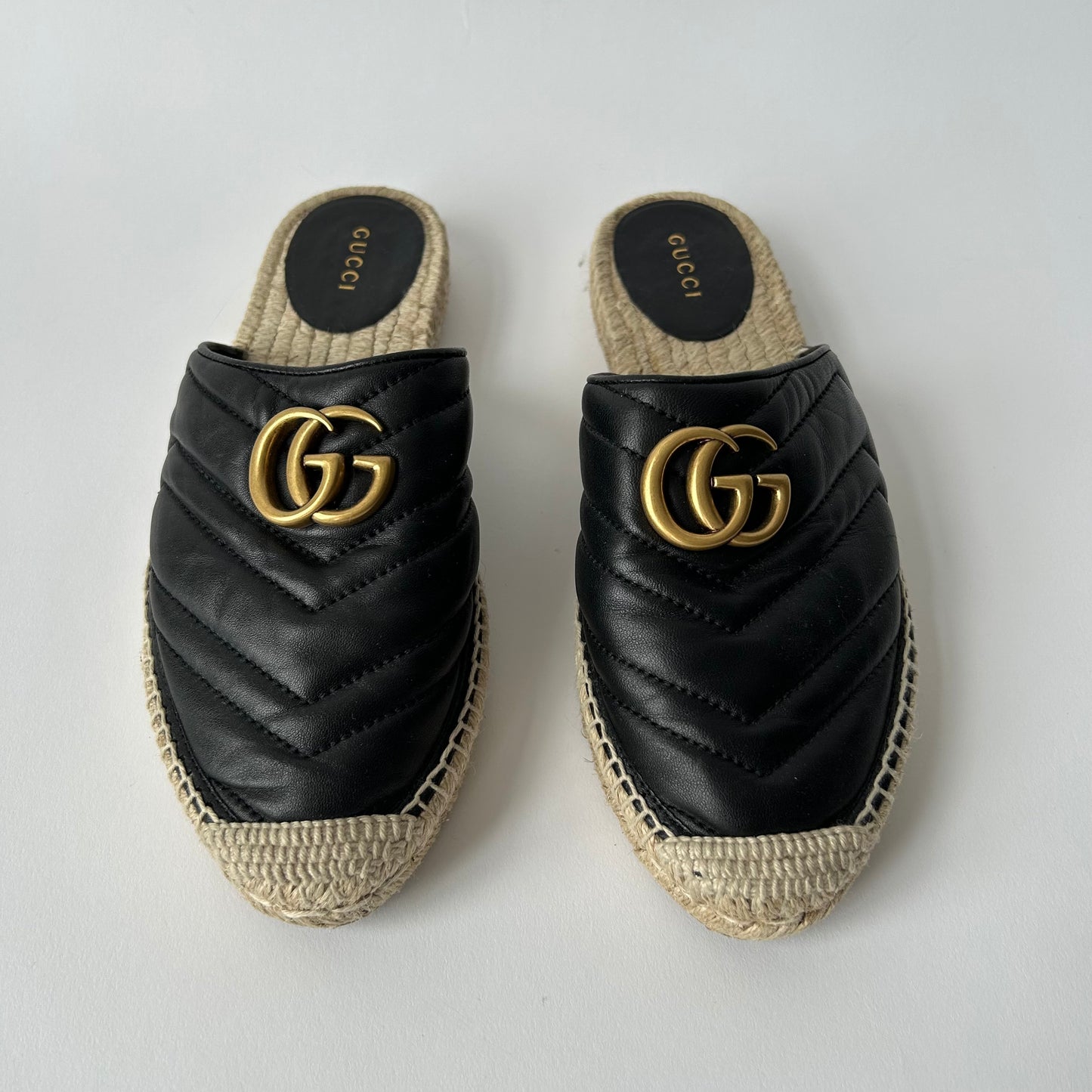 GUCCI NAPPA MATELASSE GG MARMONT BLACK MULES ESPADRILLES SIZE 37.5